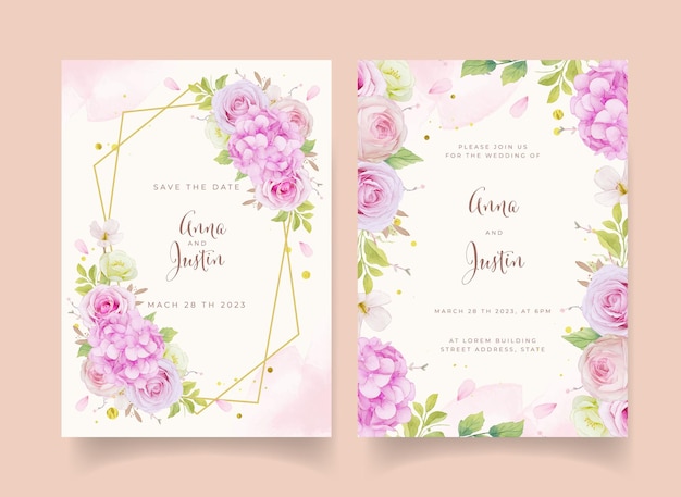 Free vector wedding invitation with watercolor pink roses and hydrangea flower