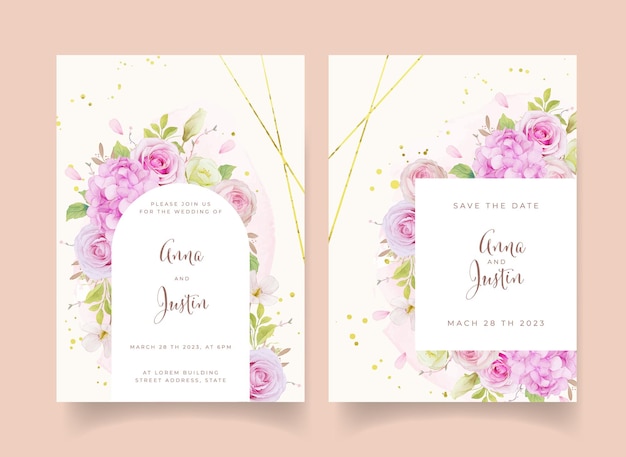 Wedding invitation with watercolor pink roses and hydrangea flower