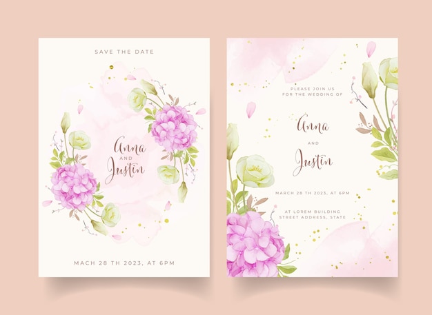 Приглашение на свадьбу с акварельными розовыми розами и цветком гортензии