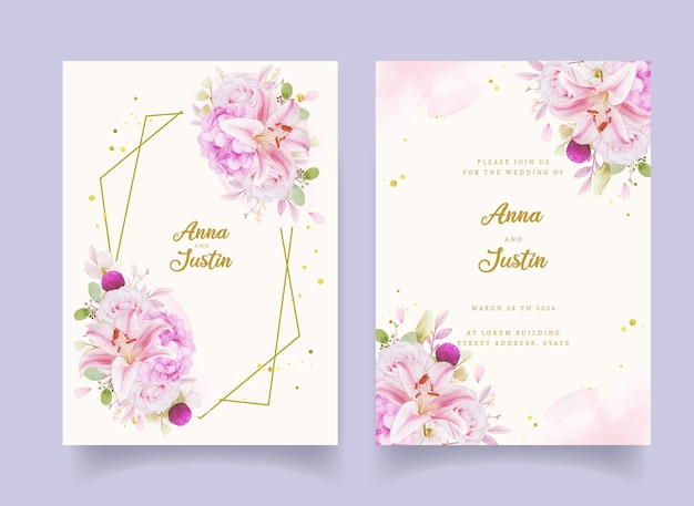Wedding invitation with watercolor pink roses  hydrangea  and lily