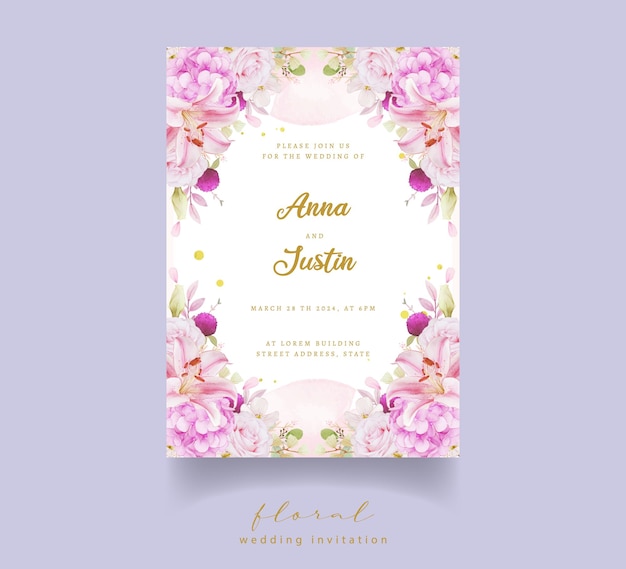 水彩ピンクのバラのアジサイとユリの結婚式の招待状