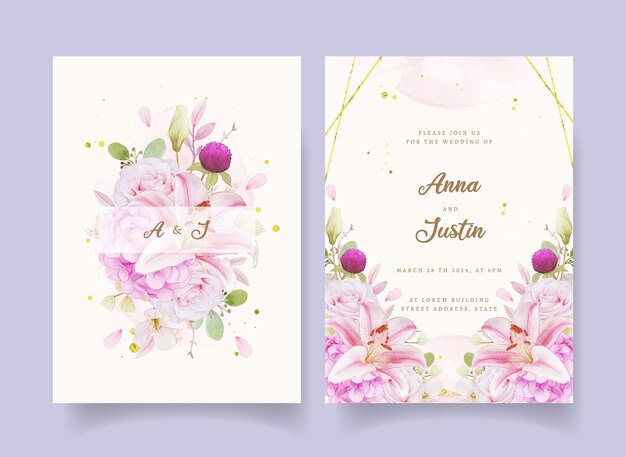 Free vector wedding invitation with watercolor pink roses  hydrangea  and lily