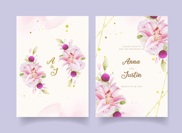 Wedding invitation with watercolor pink roses  hydrangea  and lily