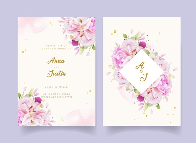 Wedding invitation with watercolor pink roses  hydrangea  and lily