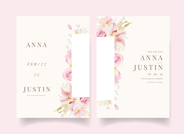 Wedding invitation with watercolor pink roses lily and calla lily
