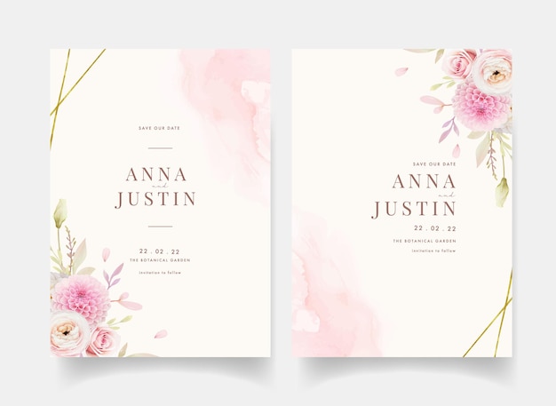 Free vector wedding invitation with watercolor pink roses ranunculus and dahlia