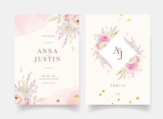 Wedding invitation with watercolor pink roses ranunculus and dahlia