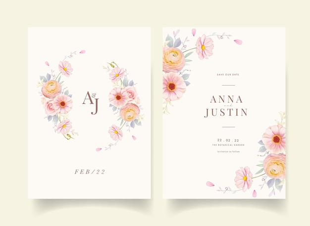 Free vector wedding invitation with watercolor pink roses and ranunculus flower