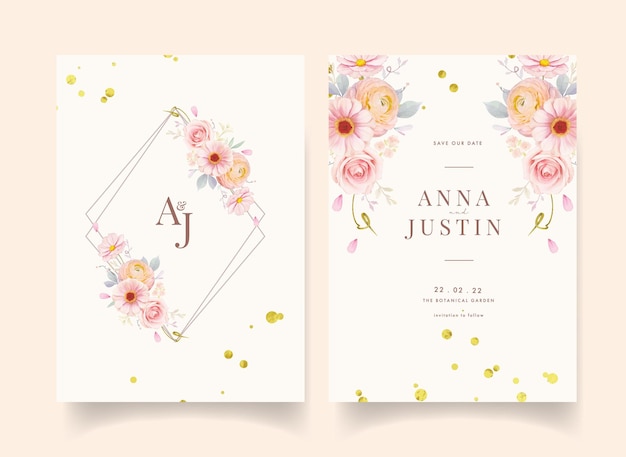 Wedding invitation with watercolor pink roses and ranunculus flower