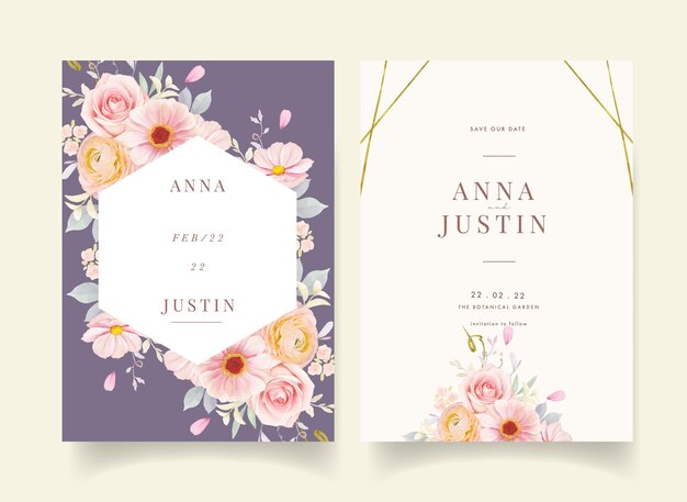 Wedding invitation with watercolor pink roses and ranunculus flower