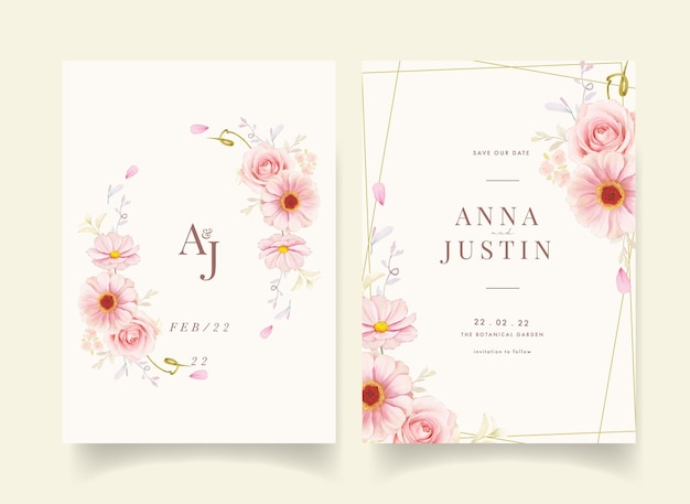 Free vector wedding invitation with watercolor pink roses and ranunculus flower