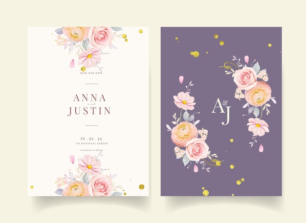 Wedding invitation with watercolor pink roses and ranunculus flower