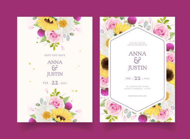 Wedding invitation with watercolor pink roses and sunflower