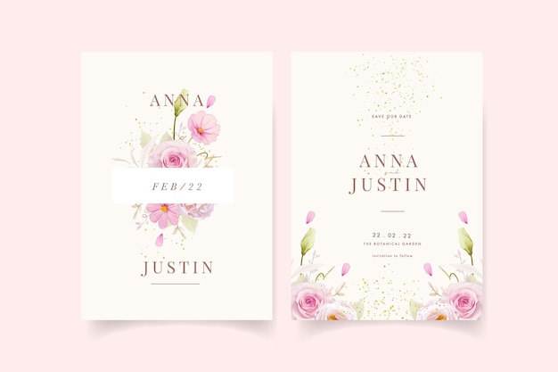 Free vector wedding invitation with watercolor pink roses