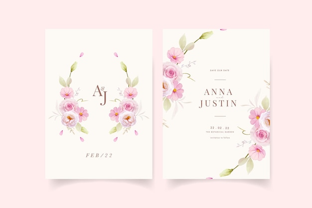 Free vector wedding invitation with watercolor pink roses