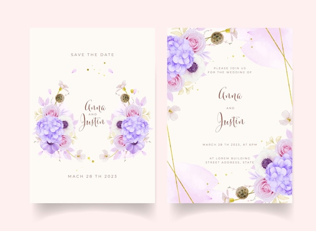 水彩ピンクのバラと結婚式の招待状