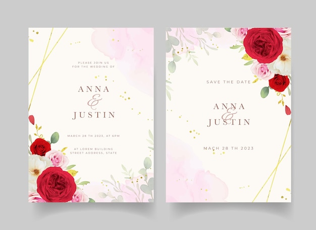 Free vector wedding invitation with watercolor pink white and red roses