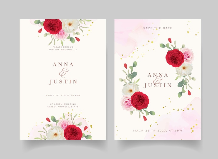Free Vector wedding invitation with watercolor pink white and red roses