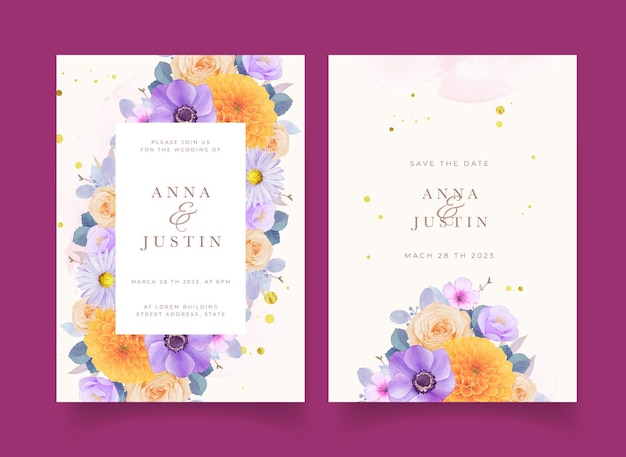 水彩​の​紫​と​黄色​の​花​と​結婚式​の​招待状