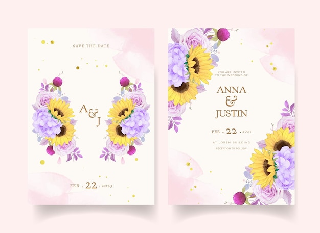 水彩​の​紫色​の​バラ​と​ひまわり​の​結婚式​の​招待状