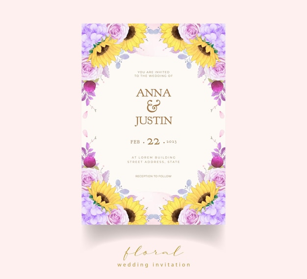 水彩の紫色のバラとひまわりの結婚式の招待状
