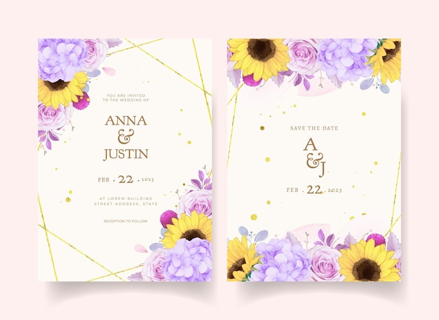 水彩​の​紫色​の​バラ​と​ひまわり​の​結婚式​の​招待状