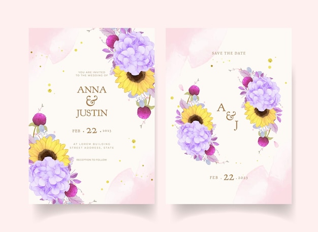 Приглашение на свадьбу с акварельной фиолетовой розой и подсолнухом