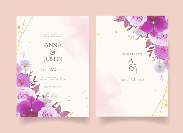水彩の紫色のバラと蘭の結婚式の招待状