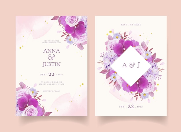 Приглашение на свадьбу с акварельной фиолетовой розой и орхидеей