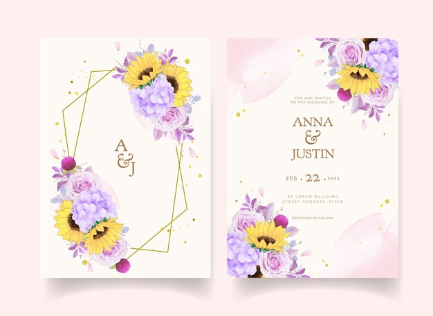 水彩の紫色のバラとひまわりの結婚式の招待状
