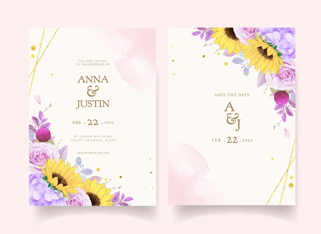 Wedding invitation with watercolor purple rose and sunflower