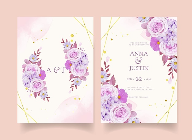 水彩紫のバラと結婚式の招待状 無料ベクター