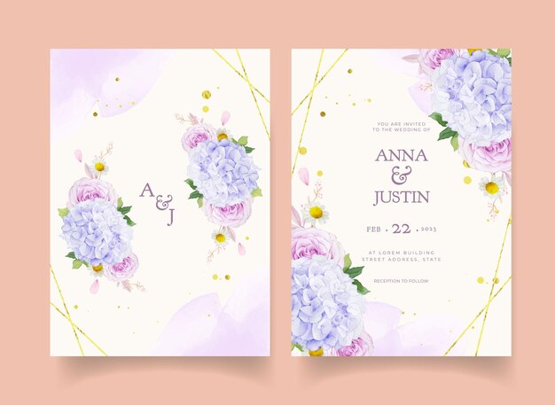 Приглашение на свадьбу с акварельными фиолетовыми розами георгином и цветком гортензии