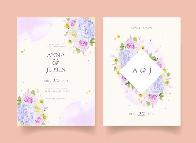 Wedding invitation with watercolor purple roses dahlia and hydrangea flower