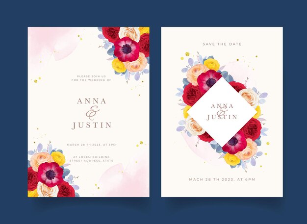 Wedding invitation with watercolor red rose anemone and ranunculus flower