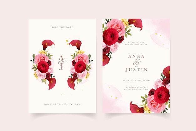 Vettore gratuito invito a nozze con giglio di rosa rossa dell'acquerello e fiore di ranuncolo