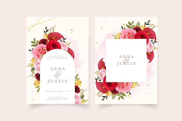 Free vector wedding invitation with watercolor red rose  lily  and ranunculus flower