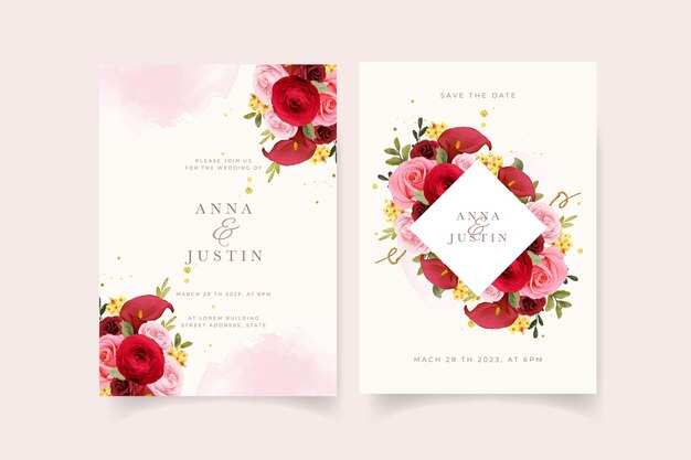 Приглашение на свадьбу с акварельной красной розовой лилией и цветком лютик