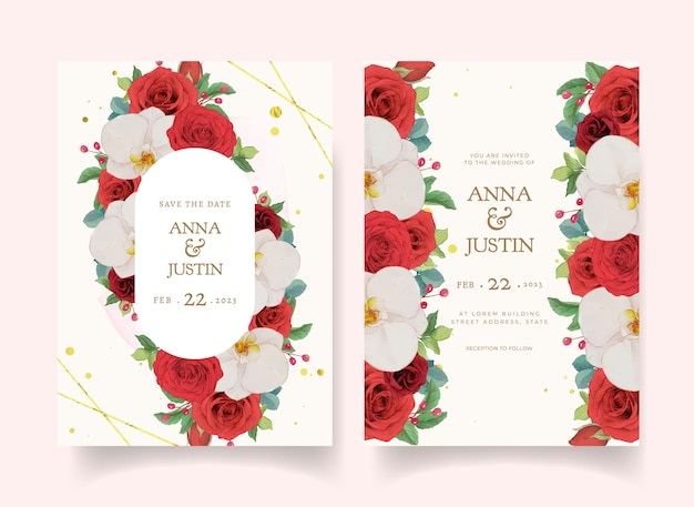 水彩の赤いバラと蘭の結婚式の招待状 Premiumベクター
