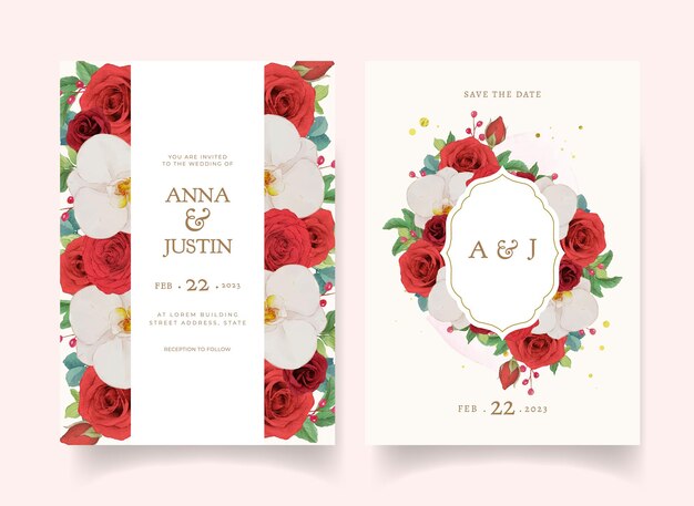 水彩の赤いバラと蘭の結婚式の招待状