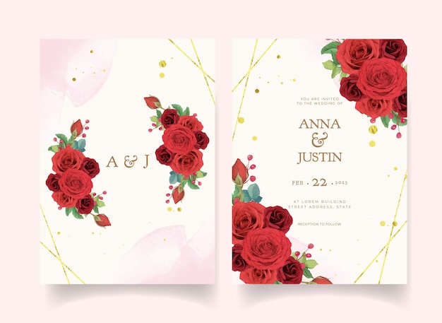 Free vector wedding invitation with watercolor red roses and orchid