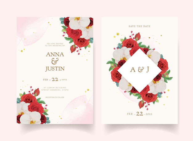 Wedding invitation with watercolor red roses and orchid