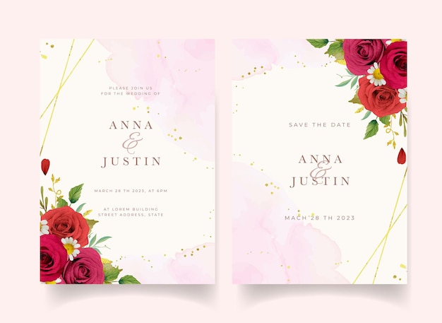 Wedding invitation with watercolor red roses