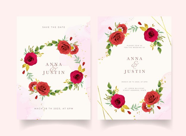 Wedding invitation with watercolor red roses