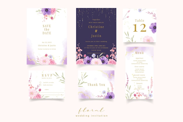 水彩のバラ、アネモネ、ガーベラの花の結婚式の招待状