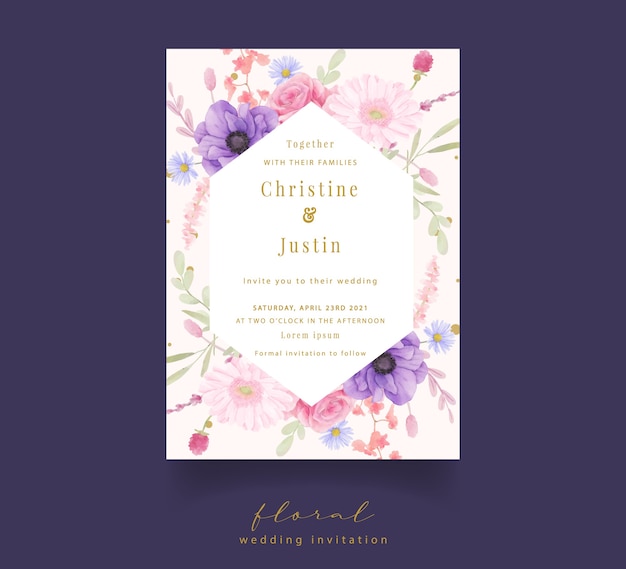 Wedding invitation with watercolor rose, anemone and gerbera flowers