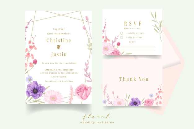 Wedding invitation with watercolor rose, anemone and gerbera flowers