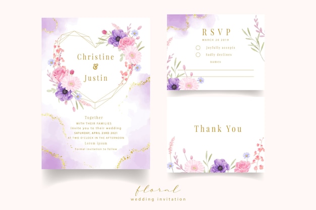 Free vector wedding invitation with watercolor rose, anemone and gerbera flowers