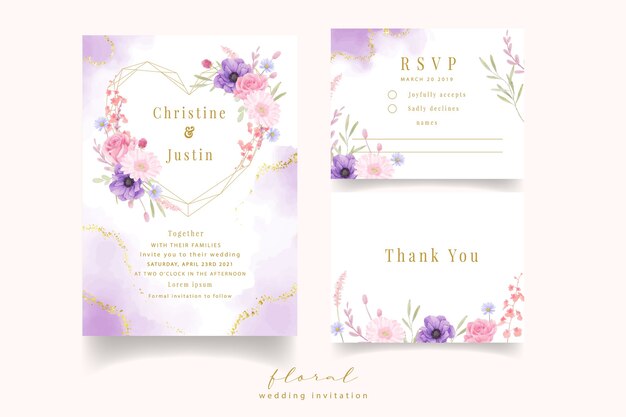 水彩のバラ、アネモネ、ガーベラの花の結婚式の招待状