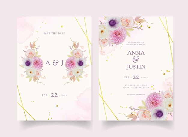 Приглашение на свадьбу с акварельной розой георгина и цветком анемона